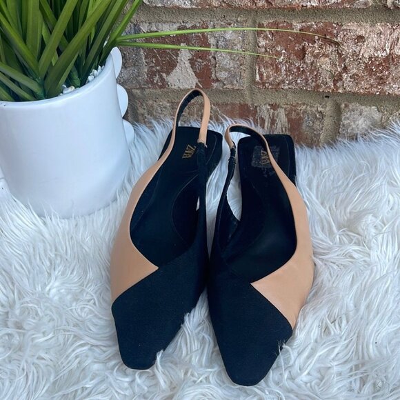 Zara Two-Tone Black & Tan Leather Suede Pointed Toes Slingback Flats Size EU 40 - Picture 1 of 6